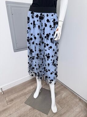 BRAND NEW Light Blue Floral Mesh Midi Skirt with Black Velvet Appliqué